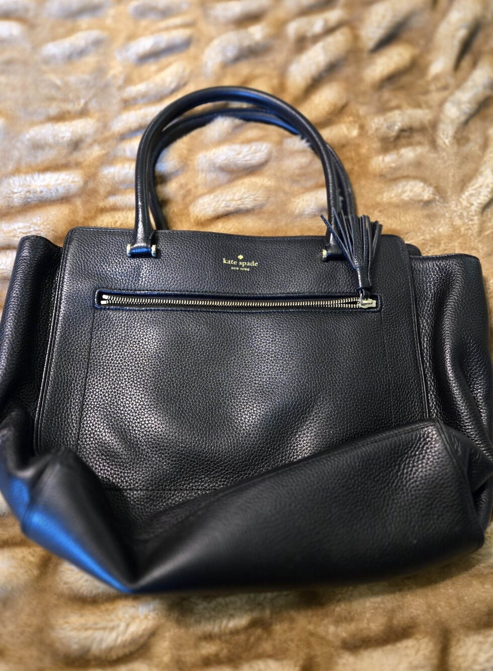 kate spade Black Pebbled Leather Tote with Tassel Zip